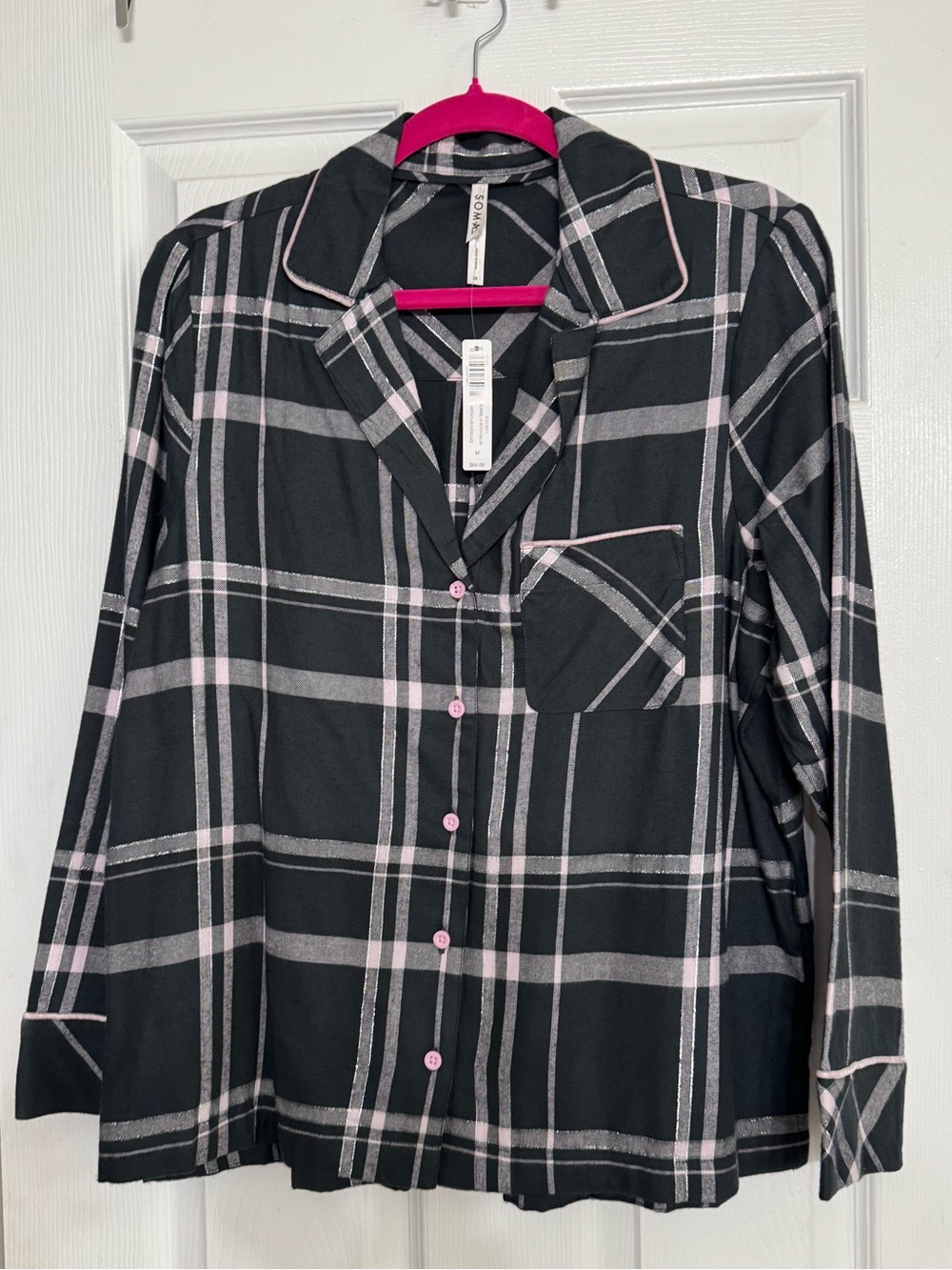 Soma Dark Gray Plaid Sleep Top with Light Stripe M
